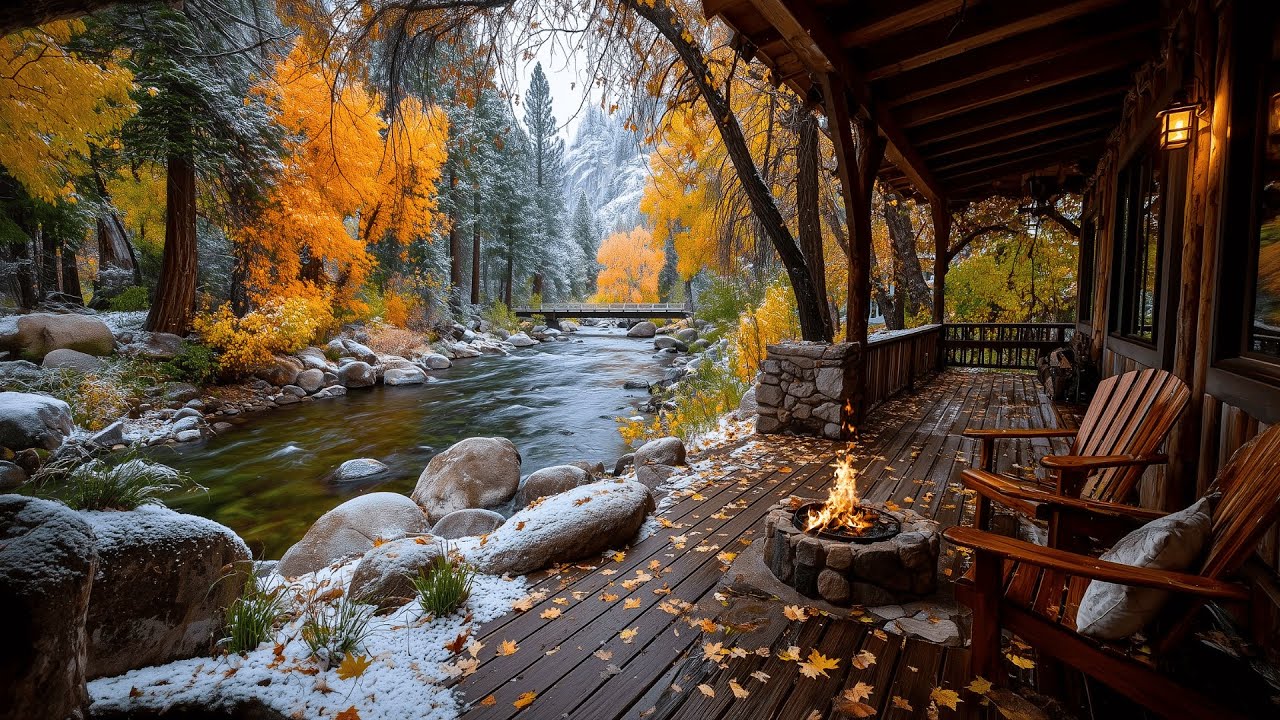 Autumn Ending, Winter Beginning | Riverside Porch Ambience Water, Campfire & Nature Sounds