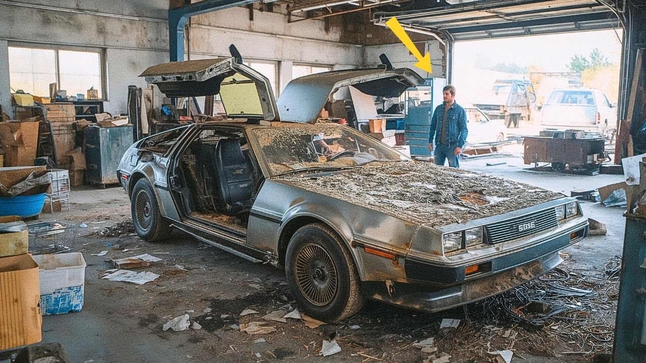 Dusty DeLorean DMC-12 forgotten 40 years, man observing, bright lit garage, oxidized stainless steel
