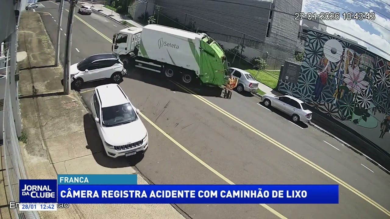 Câmera registra acidente com caminhão de lixo em Franca - Jornal da Clube (28/01/2026)