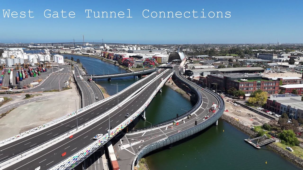 West Gate Tunnel connections over the Maribyrnong River from the air, Melbourne, Australia