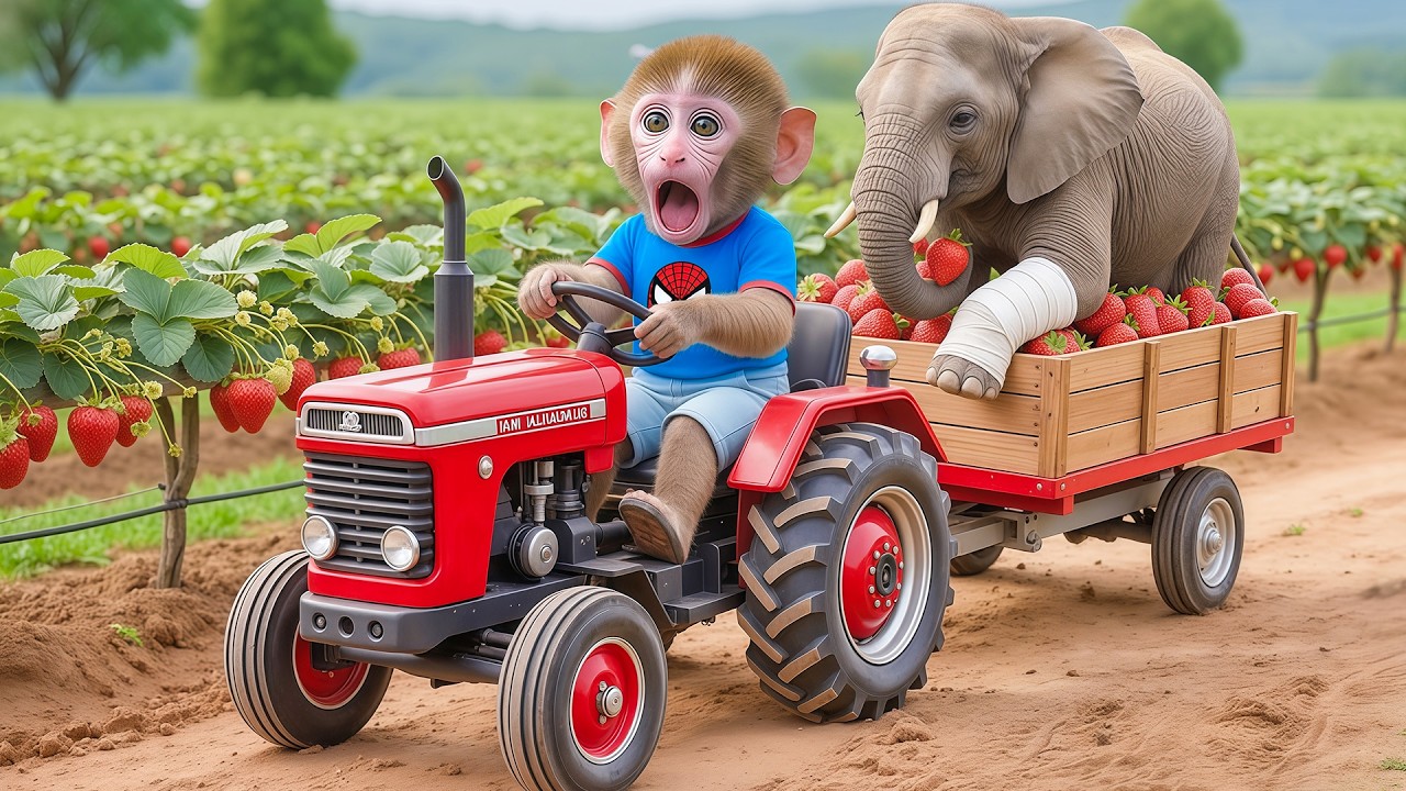 Monkey Nana Harvests Strawberries and Rescues an Elephant Stuck in the Mud!