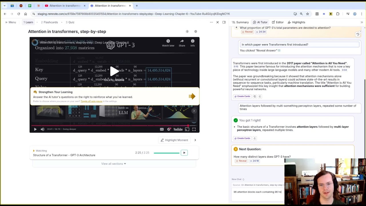Using the RemNote YouTube learner: Attention in transformers, step-by-step