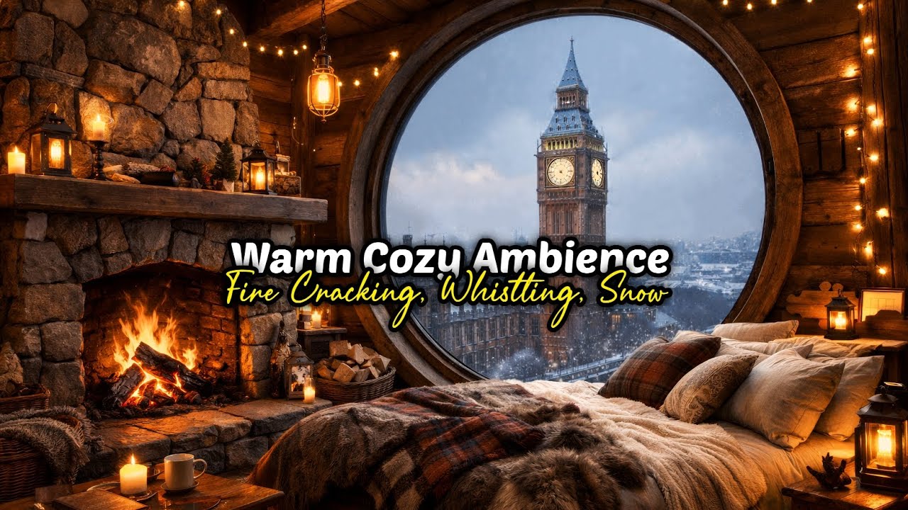 Cozy Cabin Ambience with Fire Cracking & Whistling Wind | Snowfall outside Big Ben,1 Hour Relaxation