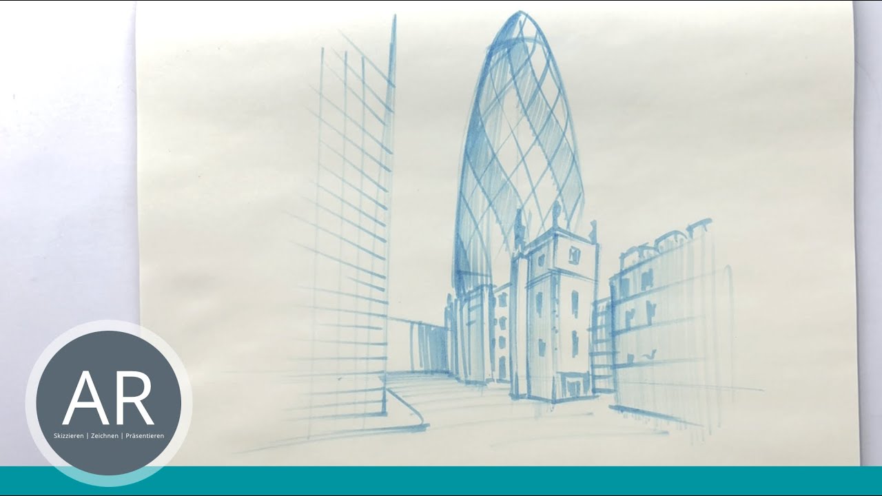 H&auml;user in Perspektive zeichnen. 2-Punkt-Perspektive. Mappenkurs Architektur TU M&uuml;nchen Pr&uuml;fung