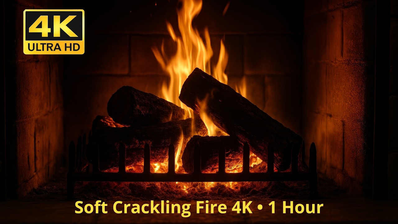1 Hour Fireplace Background in 4K – Crackling Fire for Study, Sleep, Relaxation