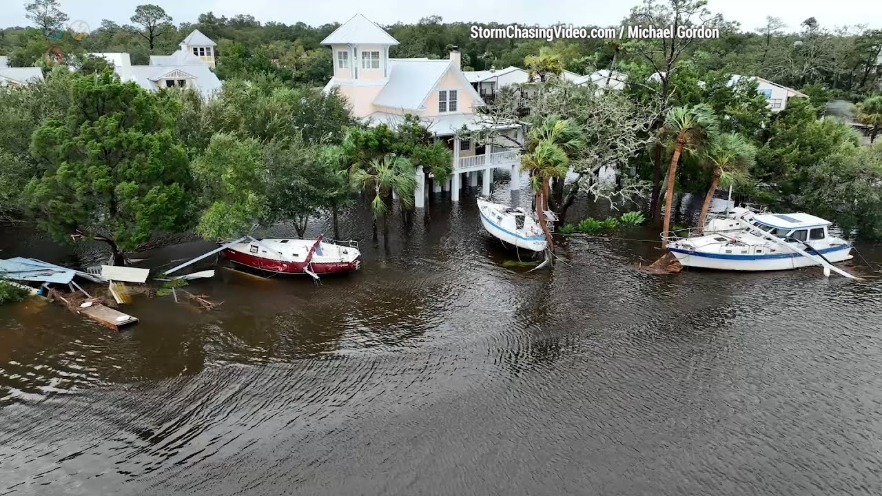Amazing Drone footage of Hurricane Idalia storm surge covering Steinhatchee, FL