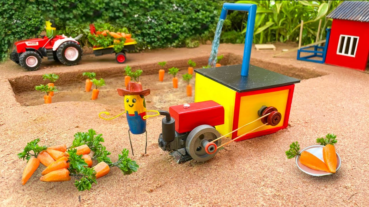 Diy mini landmaster water pump with diy tractor plough for carrots farming 