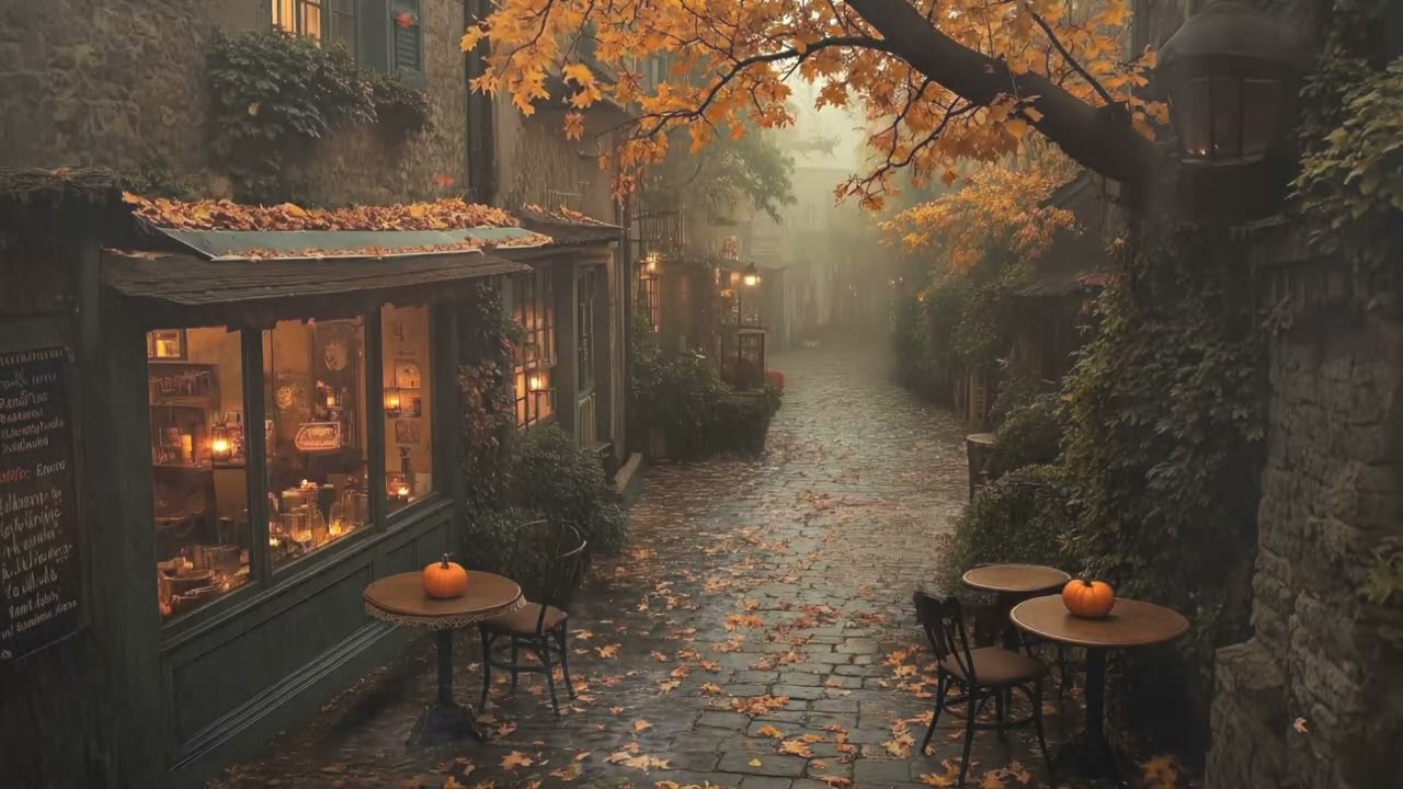 Cozy Café Shop Ambience at Autumn Victorian Town | Dark Melancholic Piano & Rain | Relax and Unwind