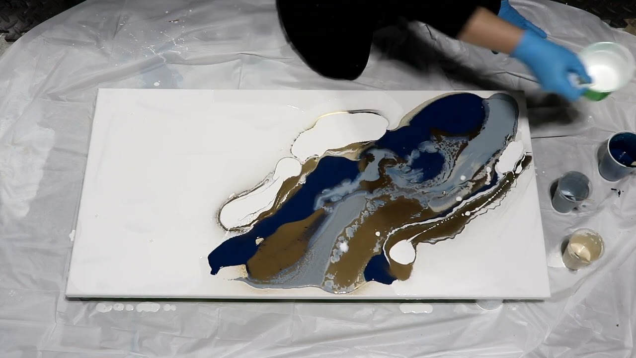 (822) Unbelievable DIY Indigo and Gold Acrylic Pour Painting, Mixed Media Technique