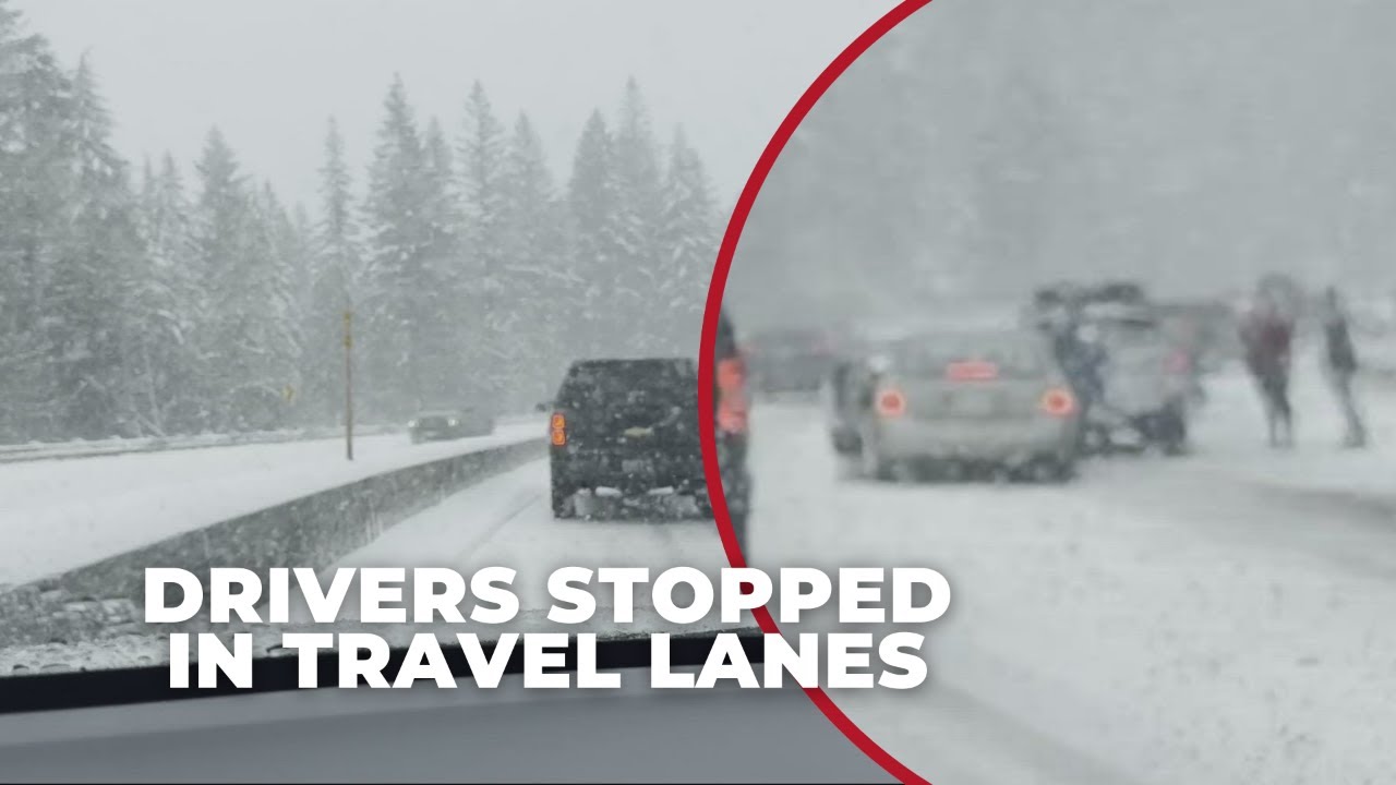 Caught on Camera: People stop on busy highway to put on snow chains