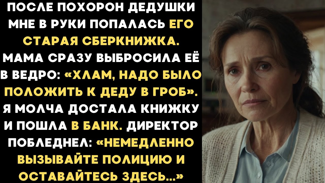 Мама кинула сберкнижку деда в мусор. Я молча достала её. Директор банка сказал: Оставайтесь здесь...