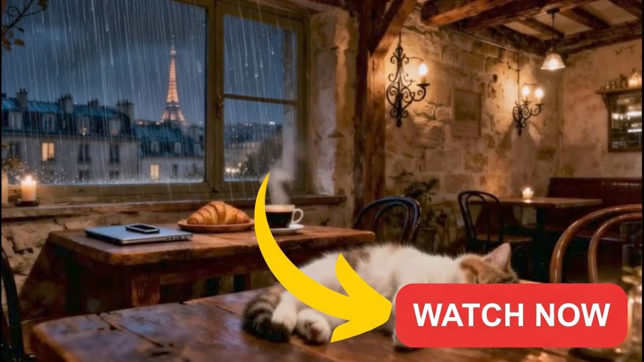Rainy Street Café View with Cat and Gentle Jazz Music
