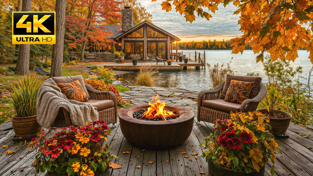 Escape to Autumn Bliss by the Lake: Crackling Fire Pit & Gentle Water Sounds and Relax Nature Sounds