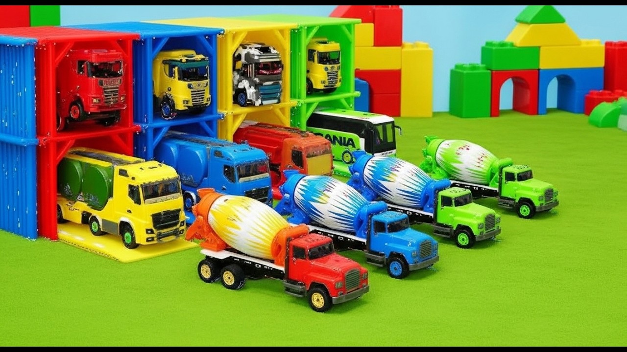 Garage with Colors - ALL MIXER TRUCK WITH DOUBLE FLATBED TRAILER TRUCK, DAF, FREIGHTLINER VOLVO