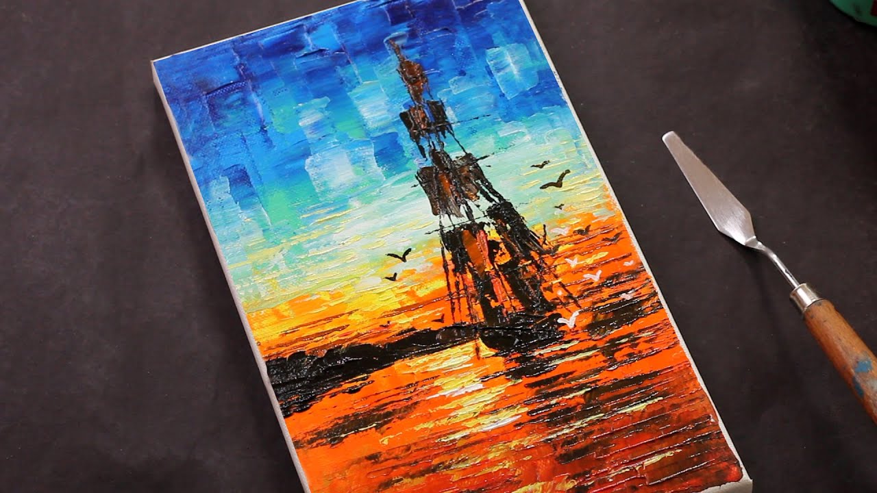 Sunset painting / Sailboat Sunset painting / Acrylic Landscape painting tutorial / #354