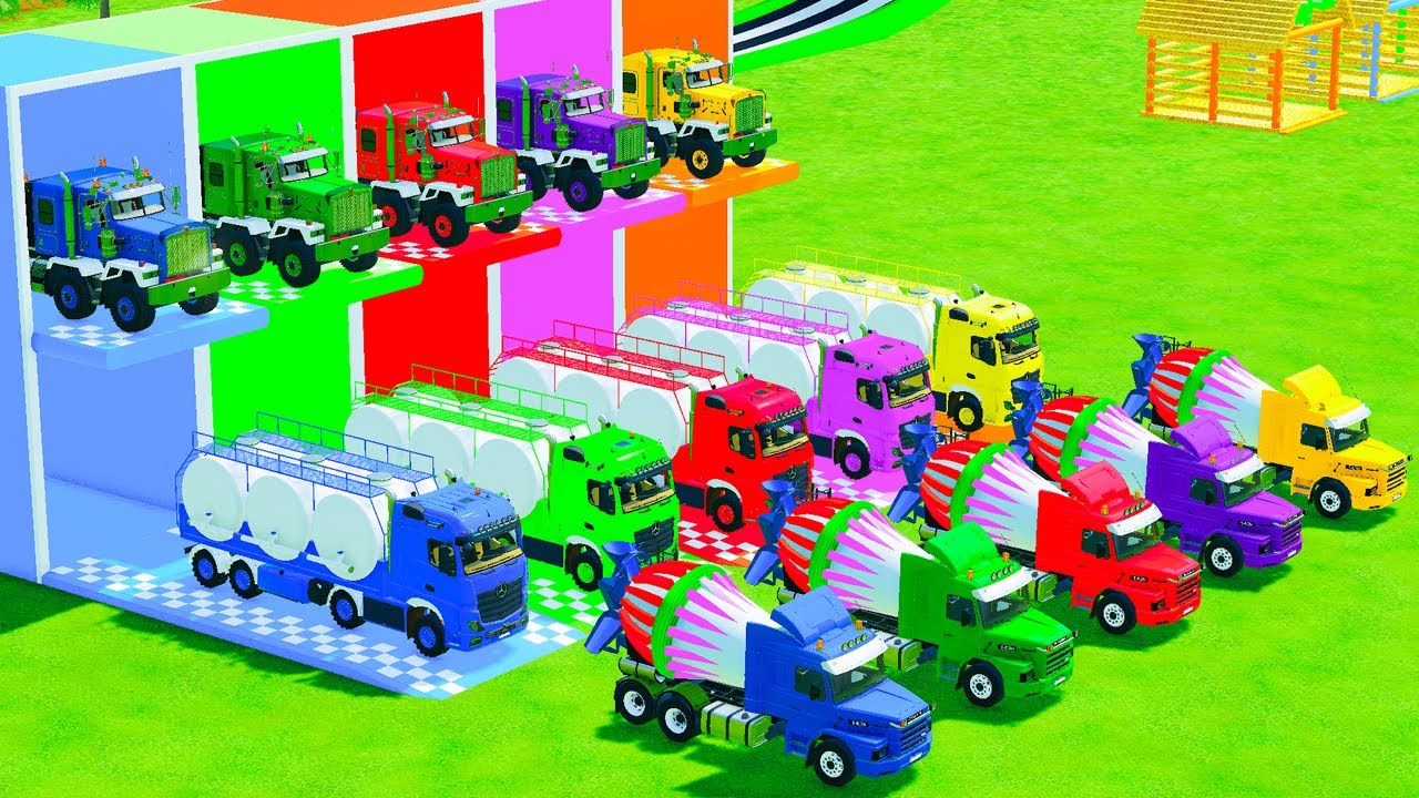 Garage with Colors - ALL MIXER TRUCK WITH DOUBLE FLATBED TRAILER TRUCK, DAF, RENAULT, CAT - FS22