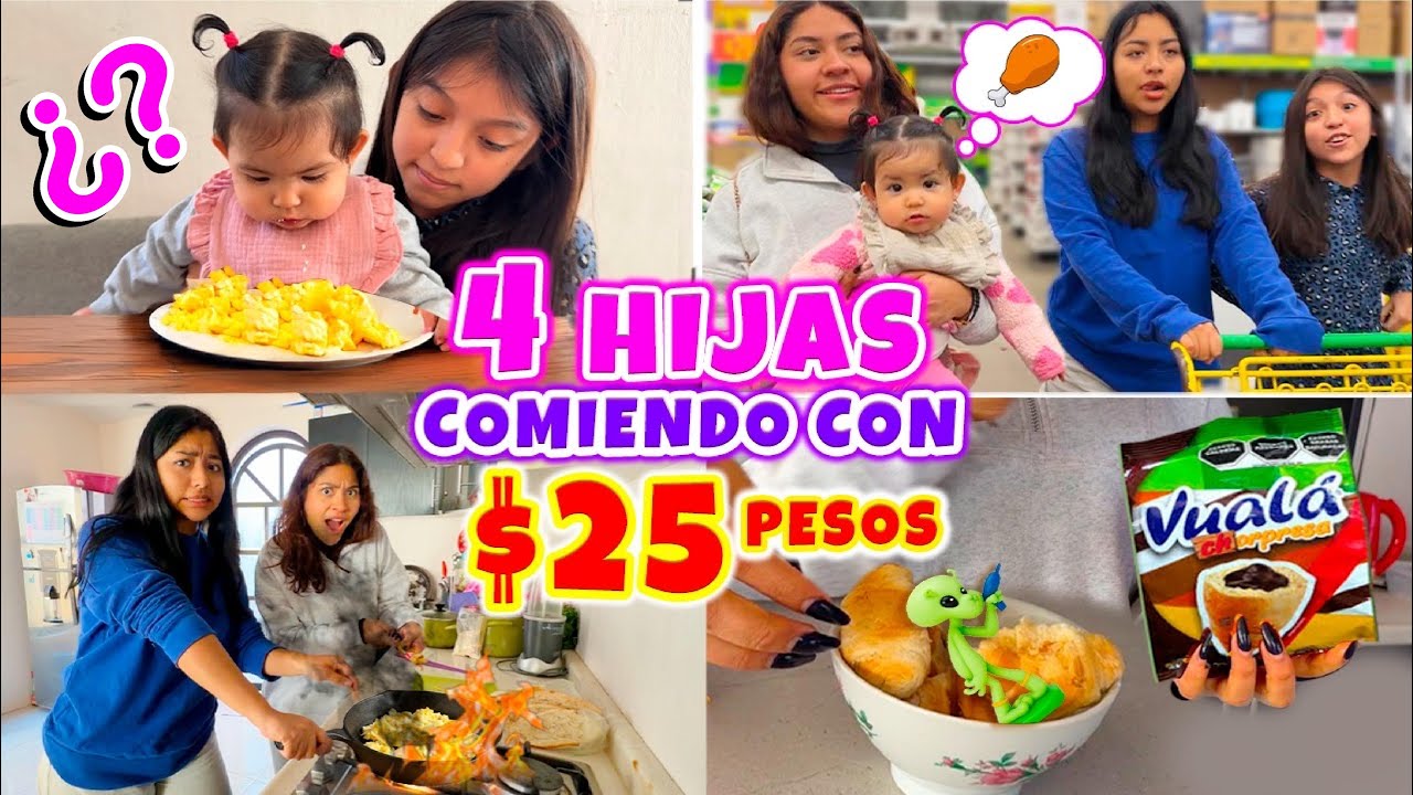 🍕4 Hijas comiendo con 25 PESOS🍩 ¡INCLUYE BEBÉ! 👶🏻 | CONNY MERLIN 