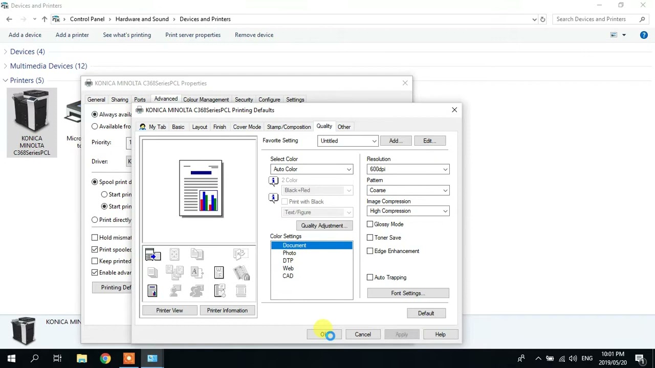 How to default Color Printing on Konica Minolta Bizhub MFP 2019 Windows 10 & 7