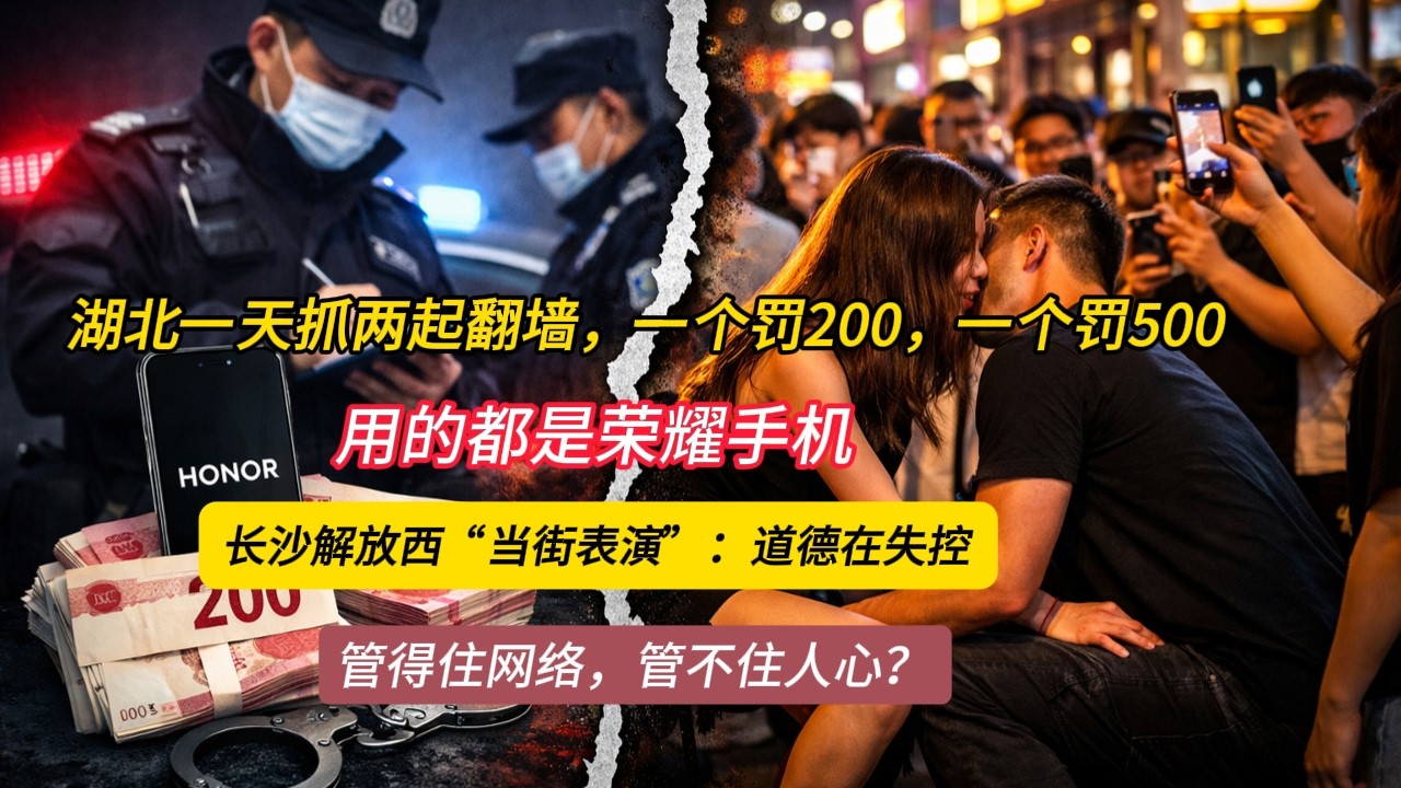 湖北一天抓两起翻墙，一个罚200，一个罚500，用的都是荣耀手机！长沙解放西“当街表演”：道德在失控，管得住网络，管不住人心？