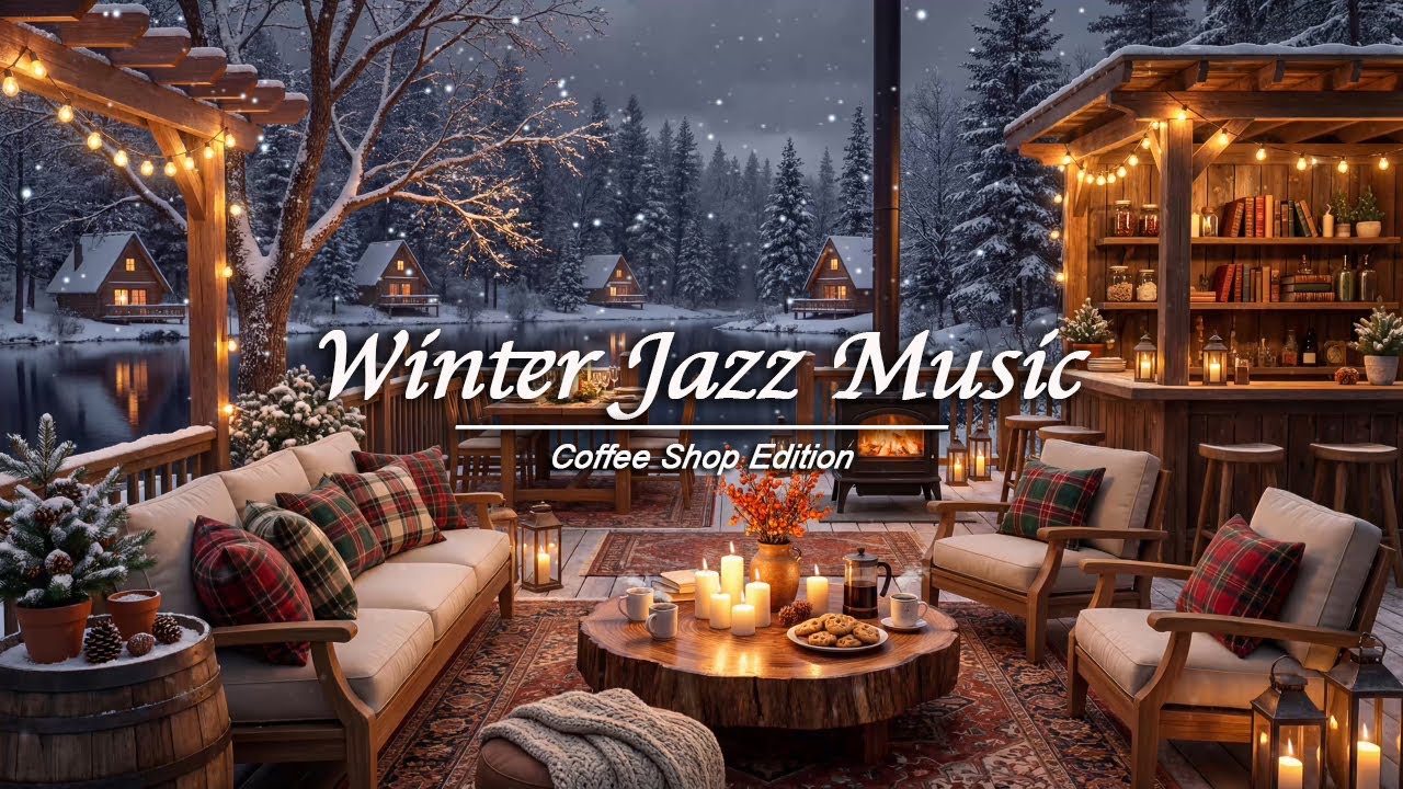Cozy Winter Coffee Porch Ambience on Snowy Night ⛄ Relaxing Jazz Background Music for Work, Study ☕