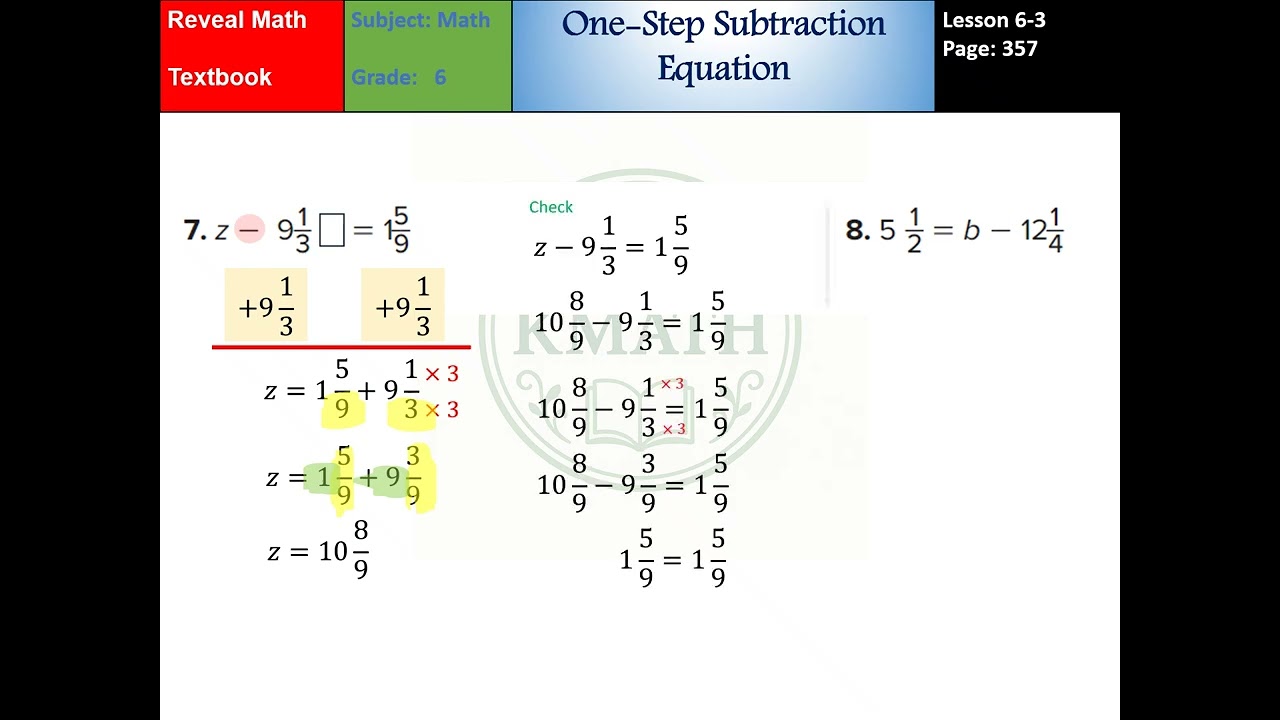 Grade 6 Lesson 6-3 One-Step Subtraction Equations
