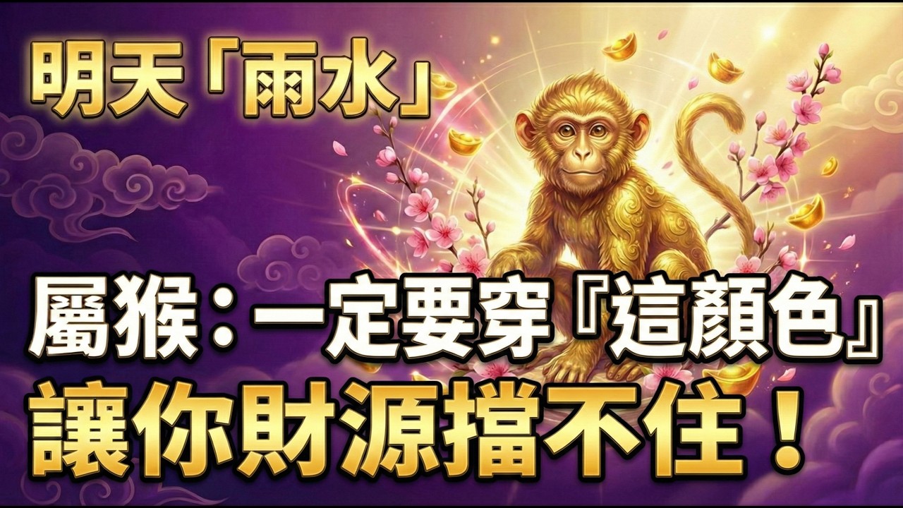 屬猴：明天18號「雨水」，恰逢大年初二，你穿上「這顏色」，招財更能避小人！助你馬年財源滾滾擋不住！#屬猴2026運勢 #2026生肖猴運勢 #雨水節氣 #大年初二 #招財顏色 #避小人 #開運顏色