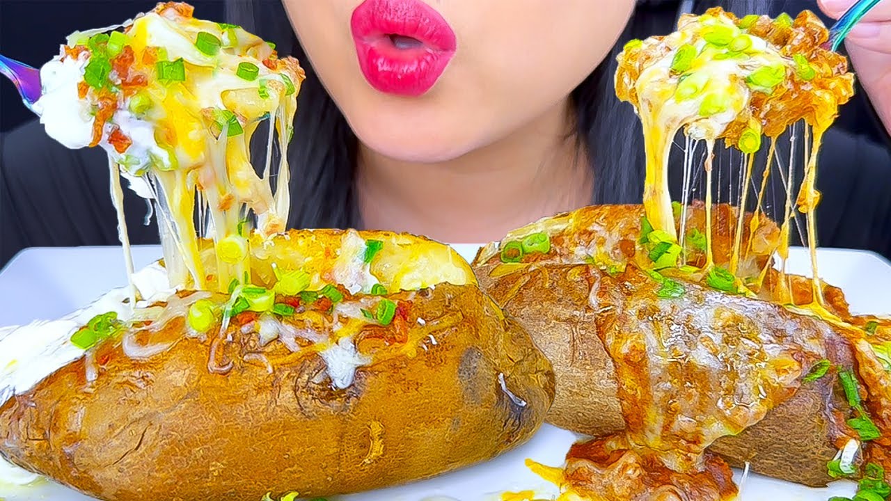 ASMR GIANT CHILI CHEESE BAKED POTATO & CHEESY LOADED POTATO #asmr #mukbang #food
