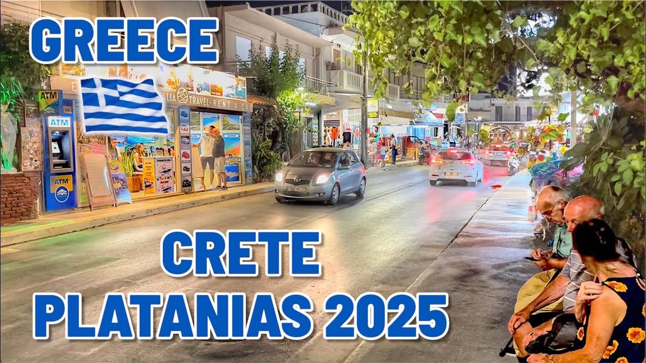 Platanes Platanias Kreta 2025 nocą – Spacer okolice Hotelu Rethymno Village, tawerny i sklepy