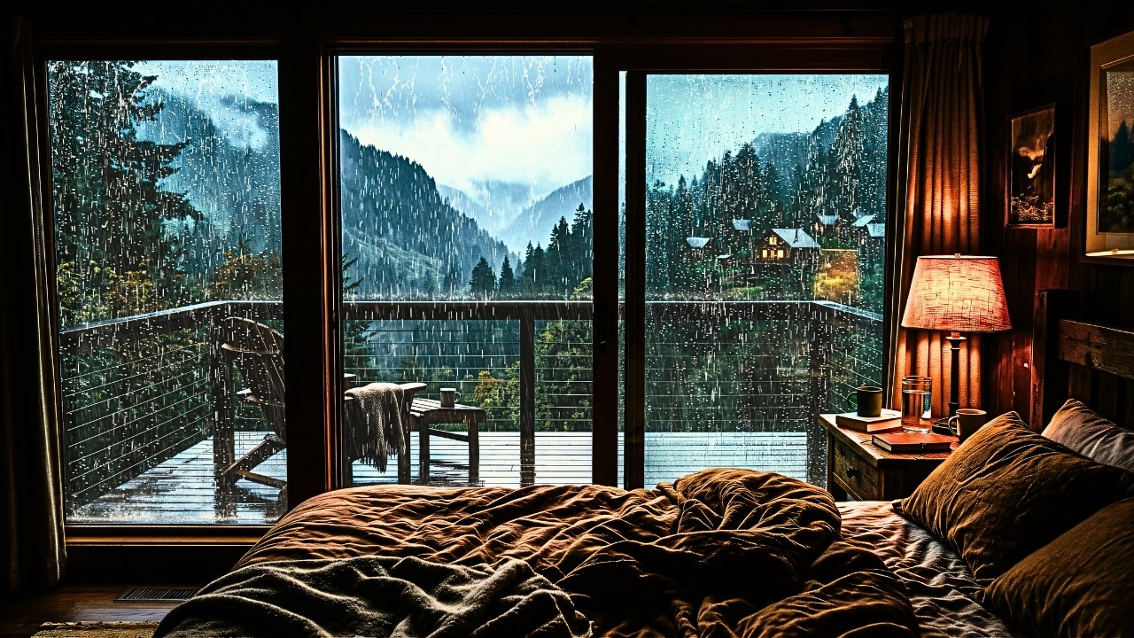 Cozy Bedroom Rain 🌧️ Heavy Rain on Window & Balcony for Deep Sleep (Dark Screen)