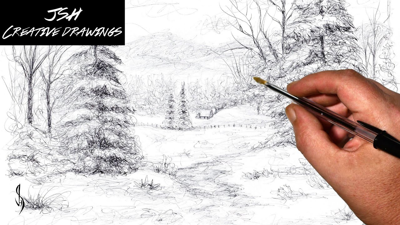 How to Scribble Draw a Snowy Winter Landscape - Ballpoint Biro Pen Drawing Sketch