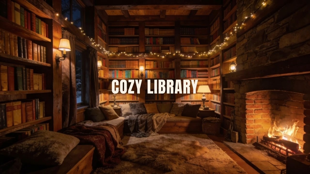 A Cozy Library by the Fireplace at Night | Warm Reading Room Ambience for Relaxation