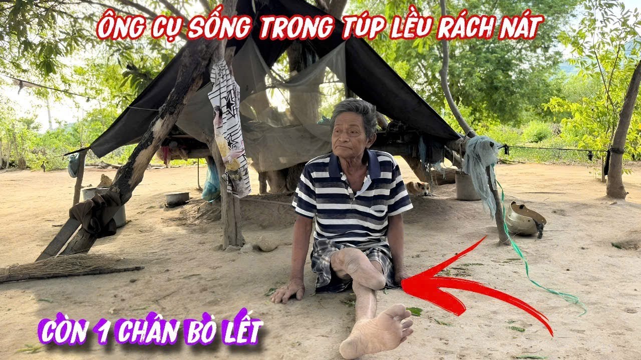 Ông cụ còn 1 chân BÒ LẾT sống đói khổ trong túp lều rách nát../63