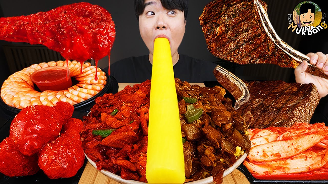 ASMR MUKBANG | Жареный цыпленок, стейк, лапша с черной фасолью, кимчи Корейская еда