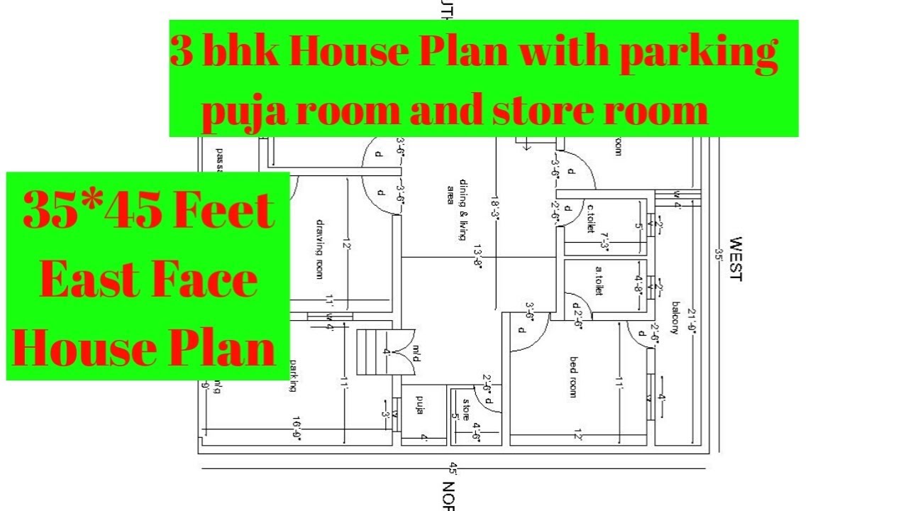 35x45 feet east facing house plan | 3 bhk east facing house plan with parking and puja room