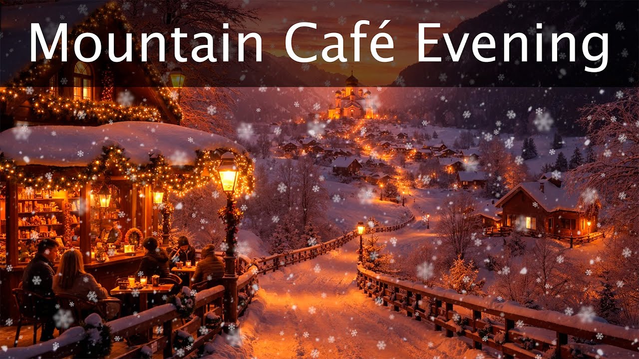 Snowy Mountain Village Café at Sunset | Warm Lights & Winter Ambience