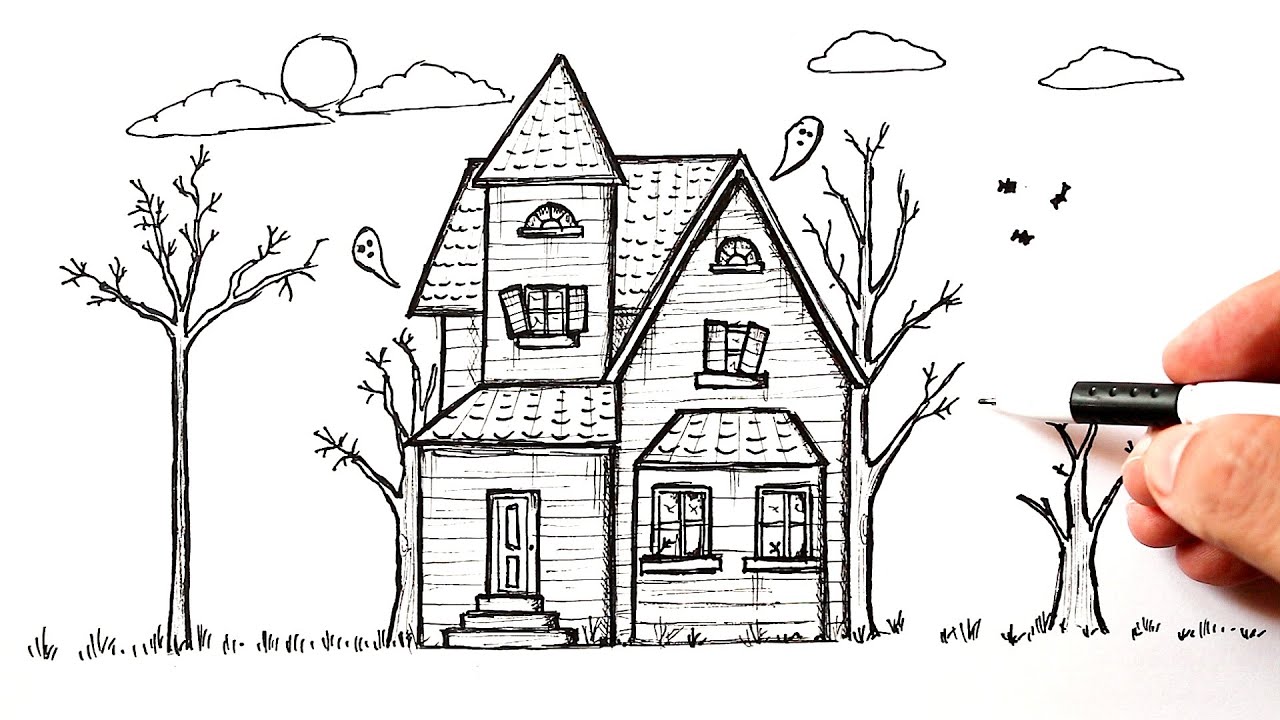 How to draw a Haunted House easy | Halloween drawing