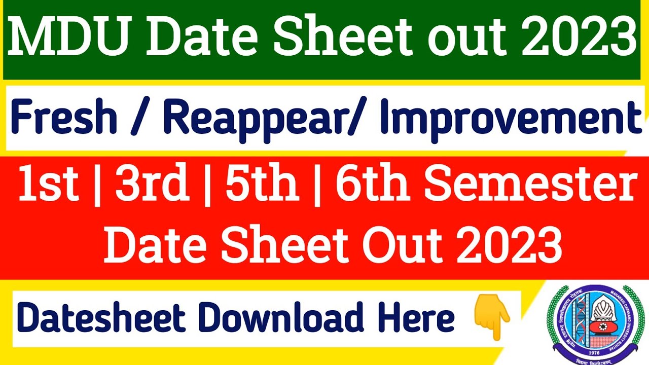 Mdu exam date sheet out 2023 | Mdu 1st semester exam datesheet 2023 | Mdu Reappear exams datesheet