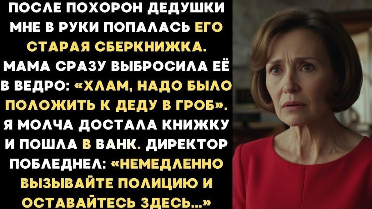 Мама кинула сберкнижку деда в мусор. Я молча достала её. Директор банка сказал: Оставайтесь здесь...
