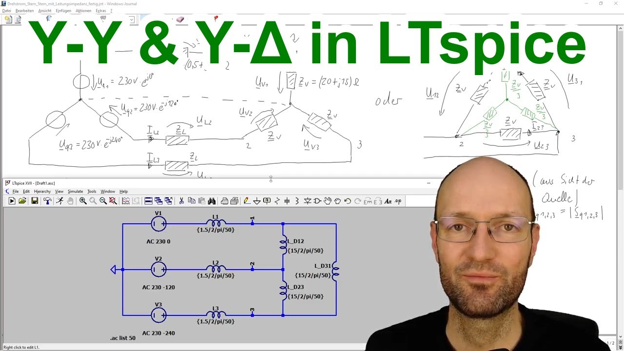 LTspice-Simulation der Ströme und Spannungen in einem Drehstromsystem in ⅄-⅄- und ⅄-△-Schaltung