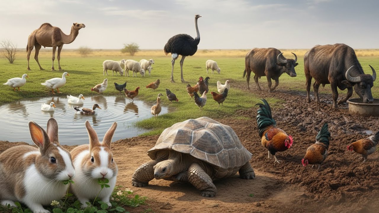 Life of Animals on the Farm: Ducks, Chickens, Ostriches, Sheep, Goats, Cows, Rabbits, Buffalo,Camels