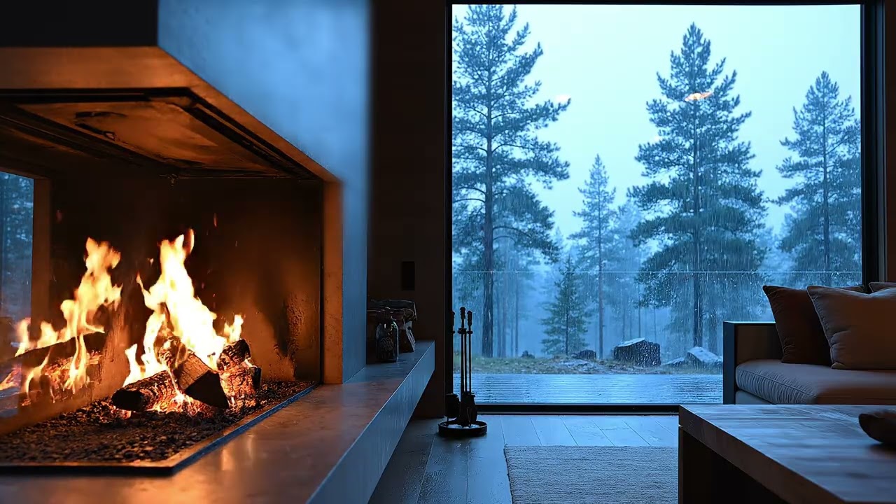 Home Relaxing Fireplace with Rain Outside Window-Modern Interior Ambience 4K