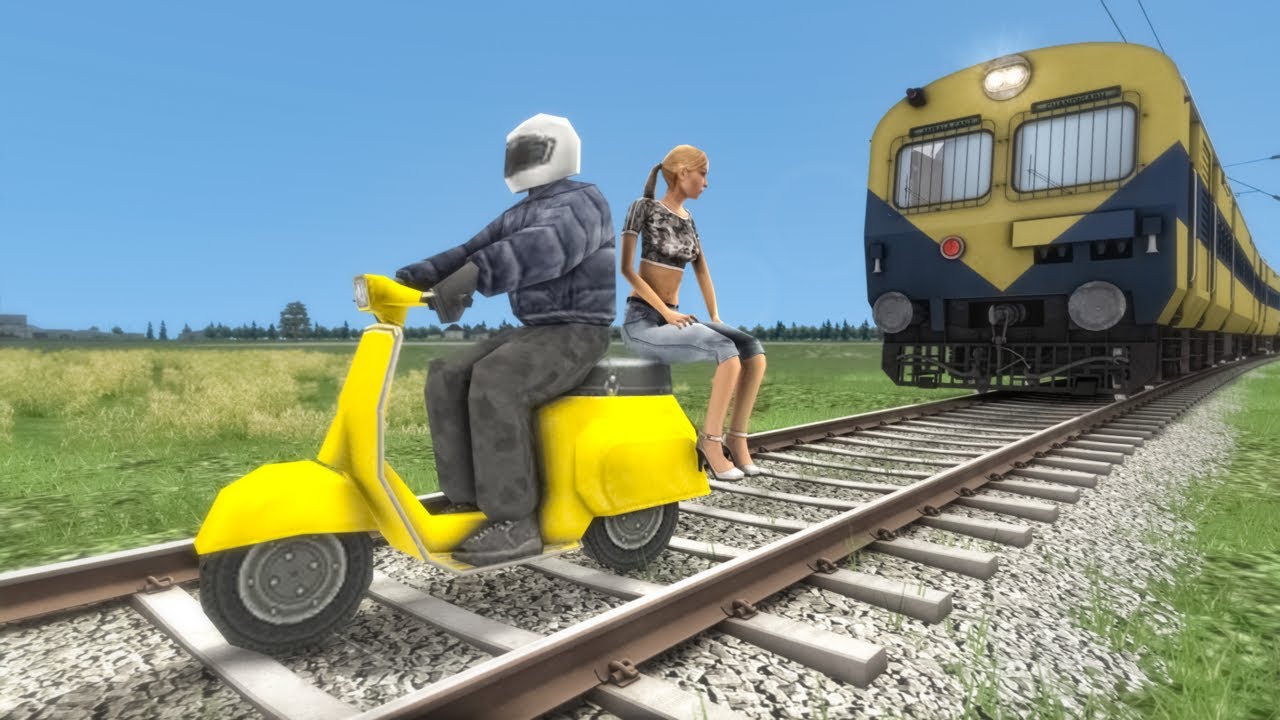 Crazy Moped Man Stops the Scooter on Railway Track | BeamNG.Drive
