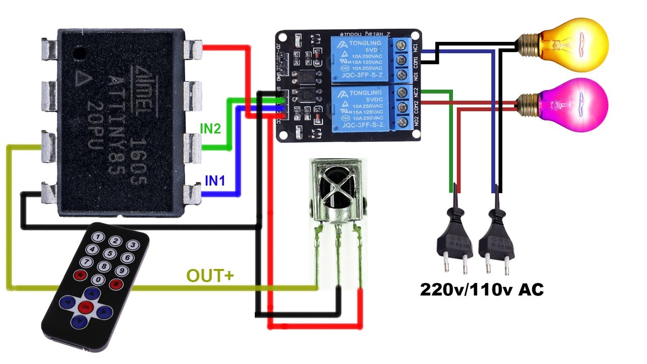 ATtiny85 Relay Control with IR Remote - ATtiny85 IR Receiver and 2 Channel Relay