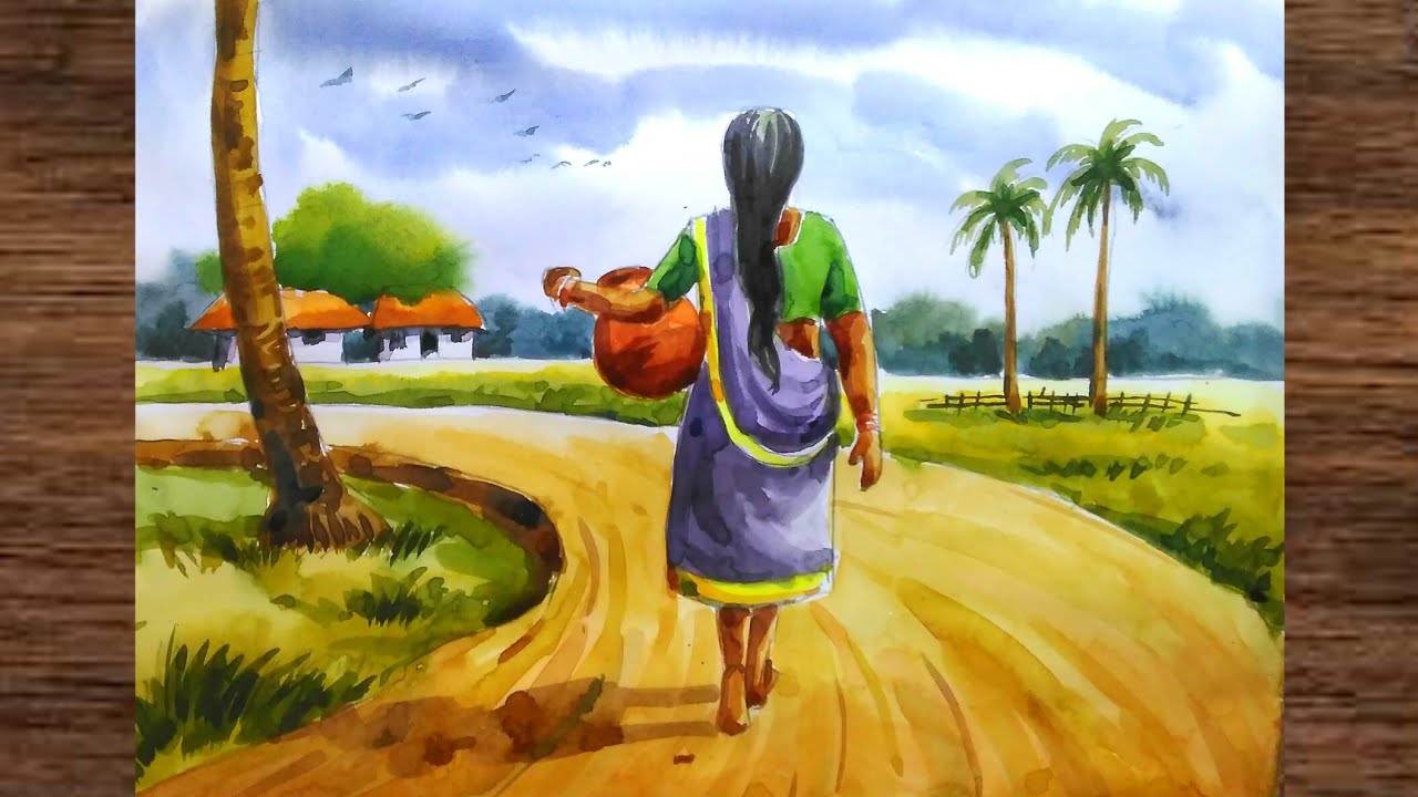 Indian village landscape scenery drawing with water colour/Indian village women drawing