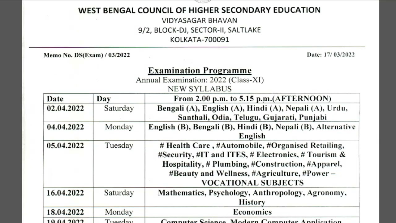 WB HS Exam 2022 detail routine of  HS and Class XI