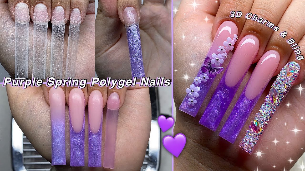 GLITTER PURPLE SPRING POLYGEL NAILS💜 HOW TO FRNECH TIP & 3D CHARMS DESIGN! | Nail Tutorial