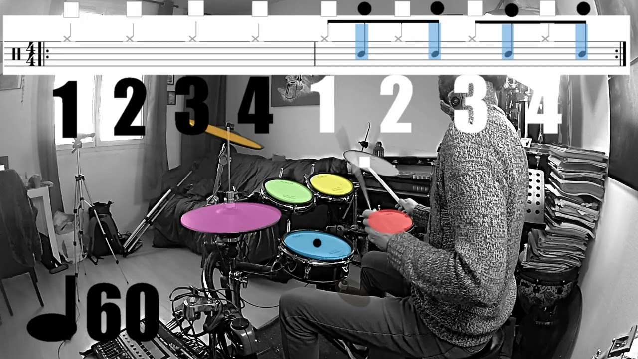 La noire sur la cymbale ride première mesure la croche cymbale ride et caisse claire 