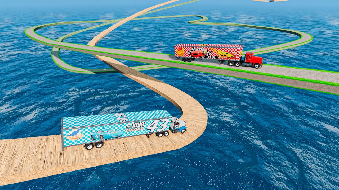 Mack truck vs Chick Hicks Truck vs Dinoco Truck vs Impossible Triple Wave Bridge - BeamNG.drive