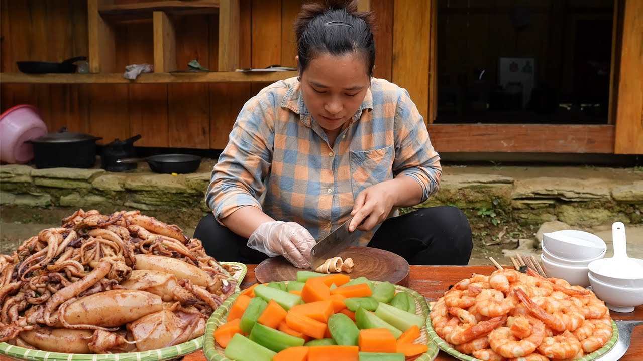 Rustic Outdoor Meal: Fried Shrimp, Grilled Squid & Boiled Vegetables