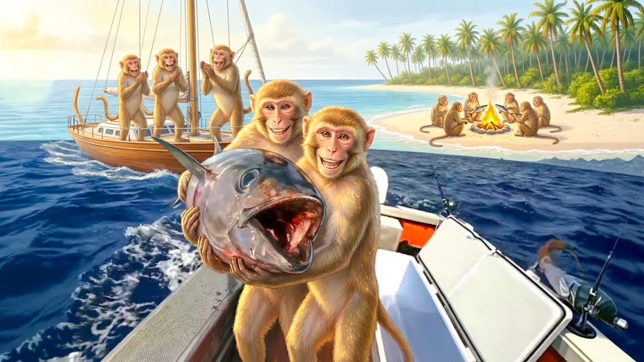एक निर्जन द्वीप पर बंदर मिलकर समुद्री मछली भून रहे हैं 🐟🏝🐒 | Monkey Clan Grilling Fish on an Island!
